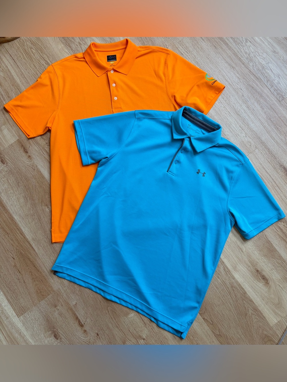 Bundle lot 2 polo golf shirts Under Armour Greg Norman Blue Orange shirt large